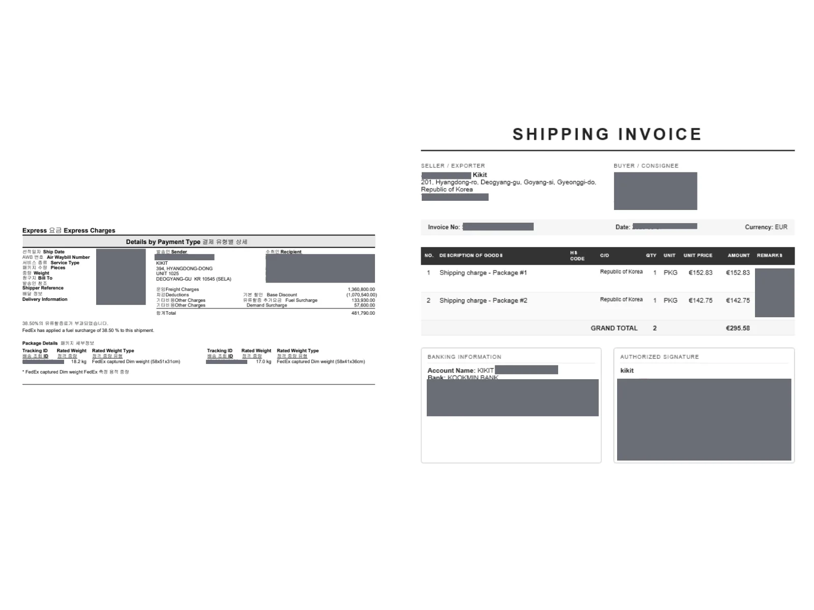 FedEx carrier billing for the documented K-pop B2B shipment