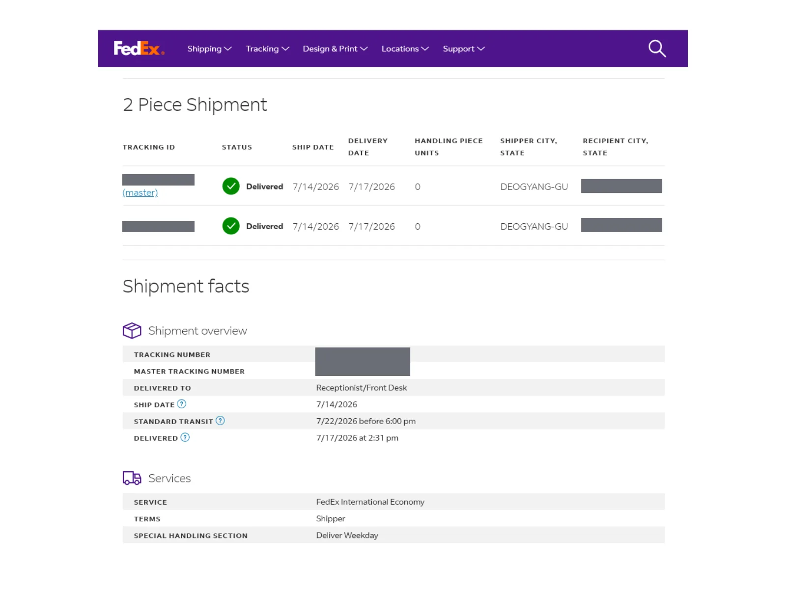 FedEx tracking record for a K-pop B2B shipment from Korea